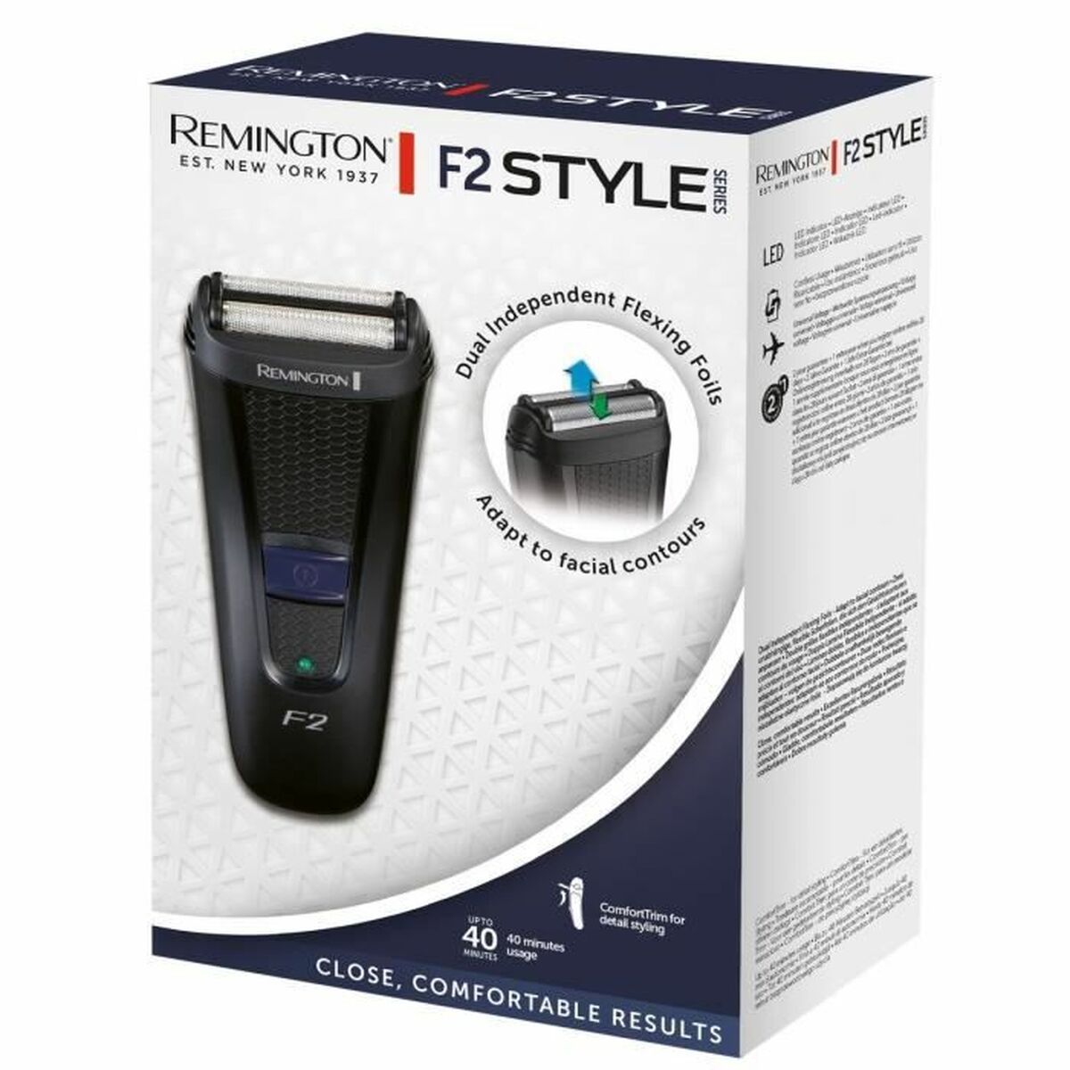 Rasoir électrique Remington F2 Style avec double grille flexible pour un rasage confortable et précis.