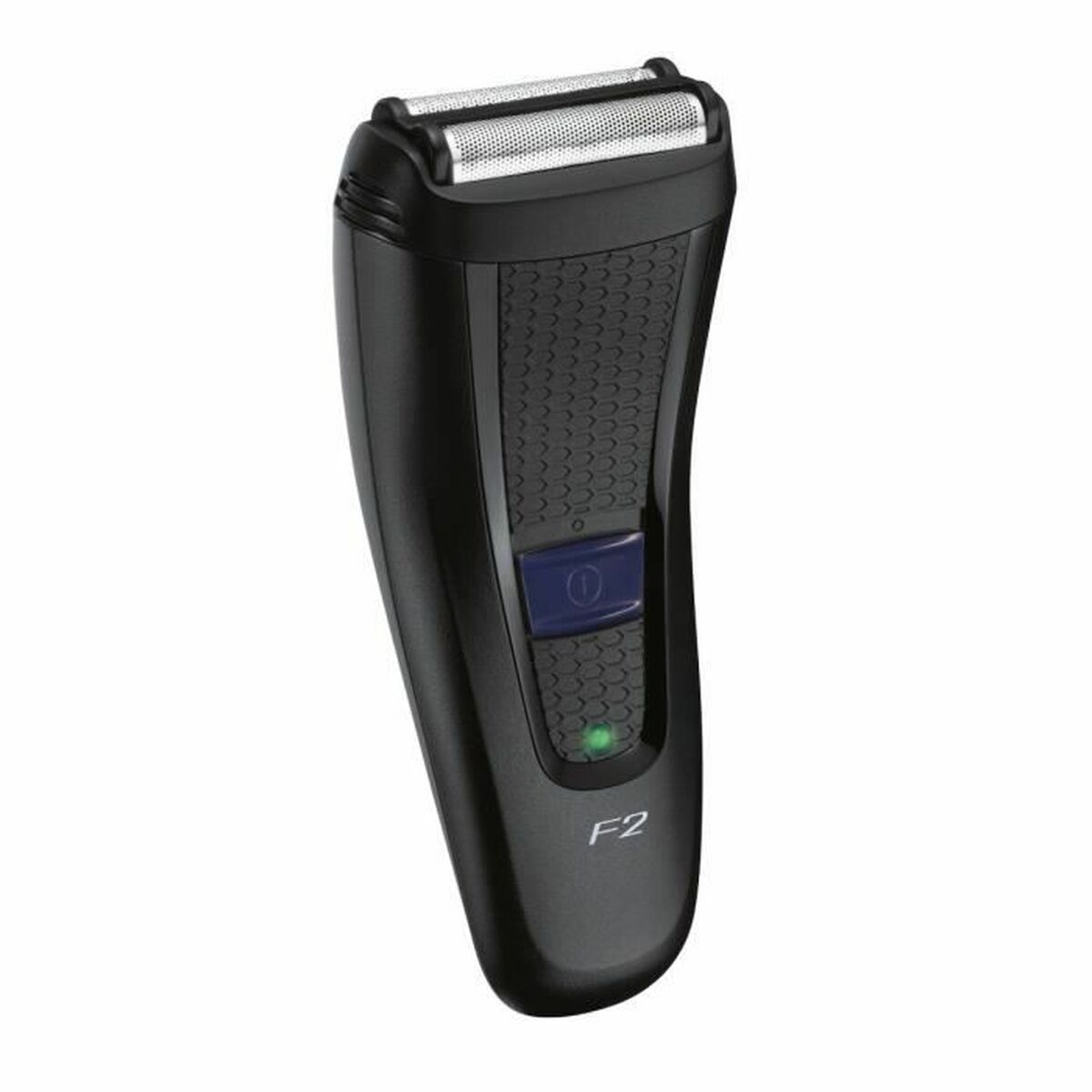 Rasoir electrique Remington F2 en noir et bleu, appareil à brancher avec batterie AAA, conçu en Espagne.