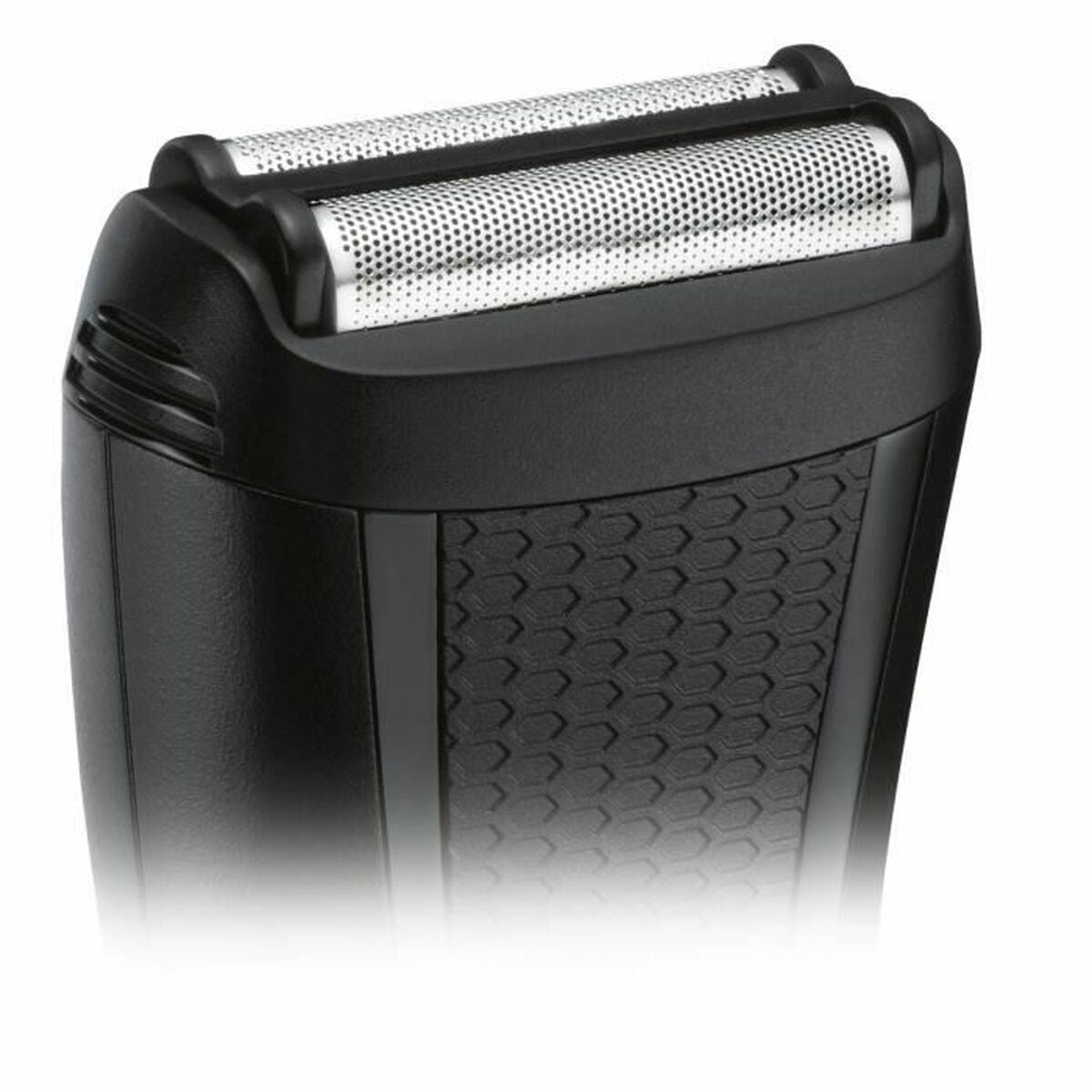Rasoir electrique Remington en noir et bleu, zoom sur la tête de coupe, design ergonomique.