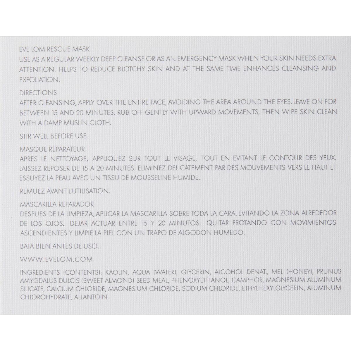 Eve Lom Rescue Mask instructions and ingredients for deep cleansing and exfoliation, suitable for all skin types.