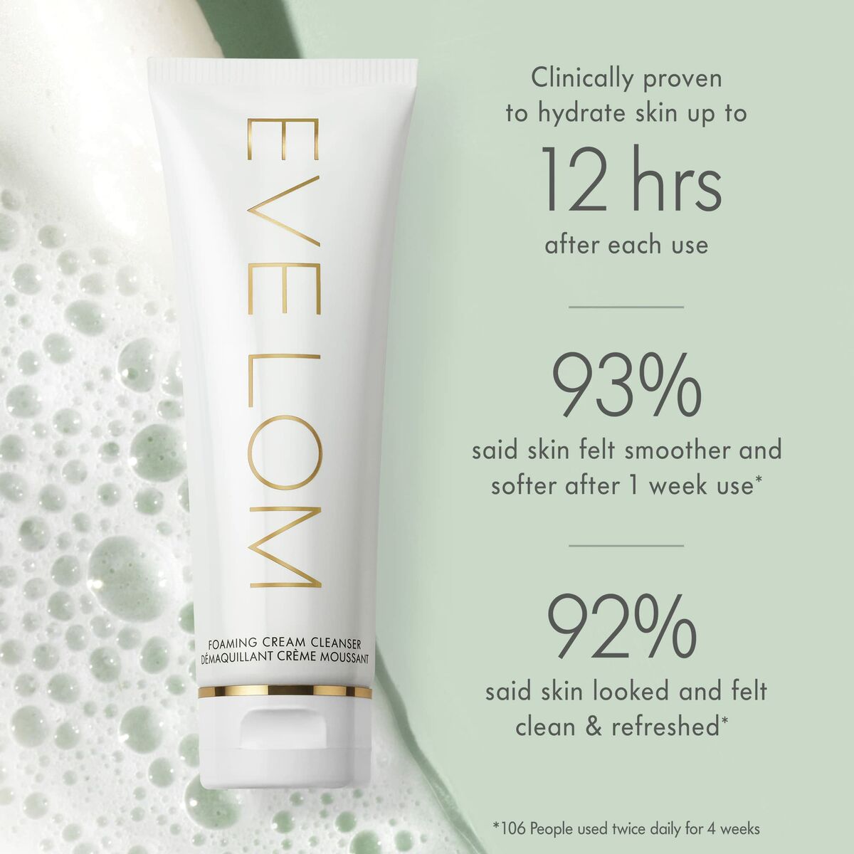 Eve Lom Mousse Foaming Cream Cleanser tube with hydrating benefits and user satisfaction stats displayed.