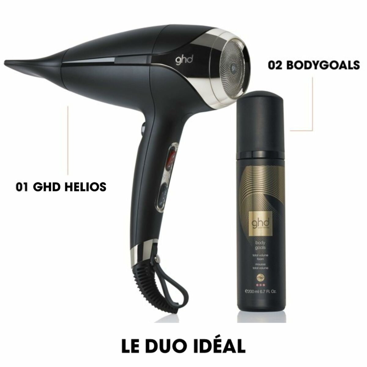 Sèche-cheveux GHD Helios noir avec produit GHD Body Goals, affichant un duo idéal pour des résultats de coiffure parfaits.