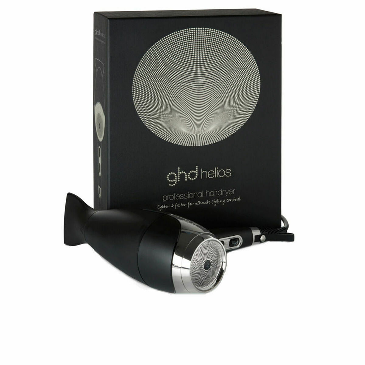 Sèche-cheveux professionnel ghd Helios, noir, avec emballage élégant et câble de 3 m, puissant et portable.