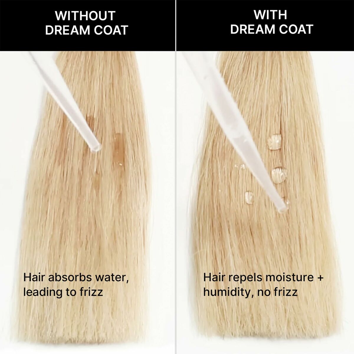 Comparison of hair before and after using Color Wow DREAM COAT, showing frizz reduction.