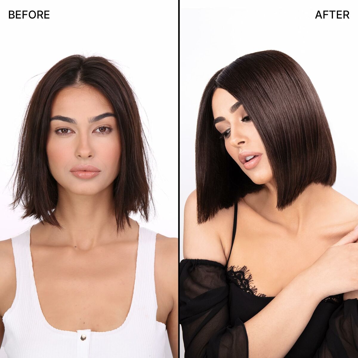 Before and after effect of Color Wow DREAM COAT on hair, showing smooth, sleek transformation.