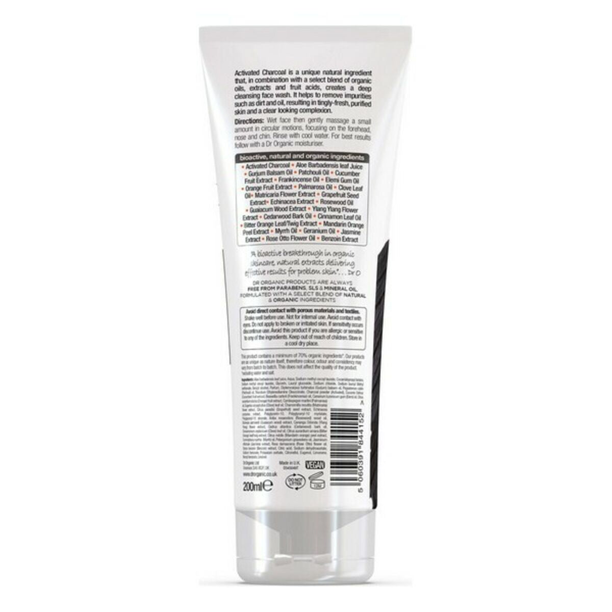 Nettoyant visage Carbón Dr.Organic DR00545 (200 ml) avec ingrédients et instructions au dos.
