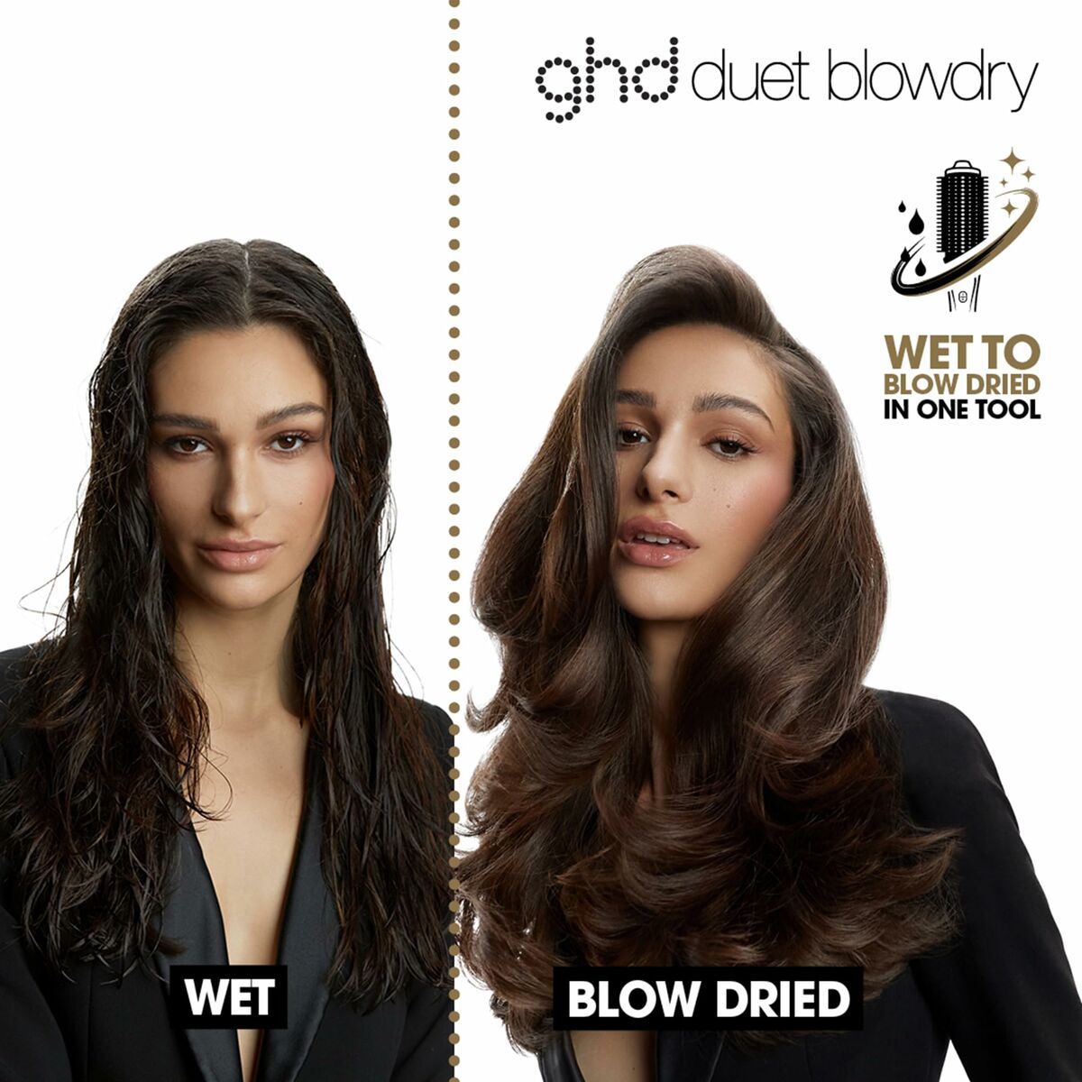 Comparison of wet and blow-dried hair using the GHD Duet Blowdry tool, showcasing sleek results in one step.