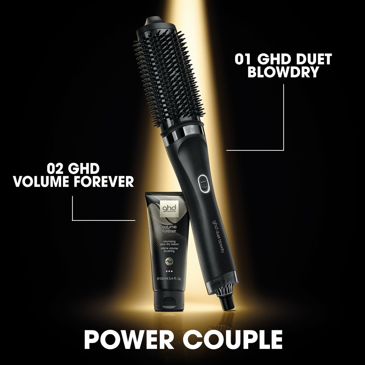 GHD Duet Blowdry brush and Volume Forever product showcased as a power couple for hair styling.
