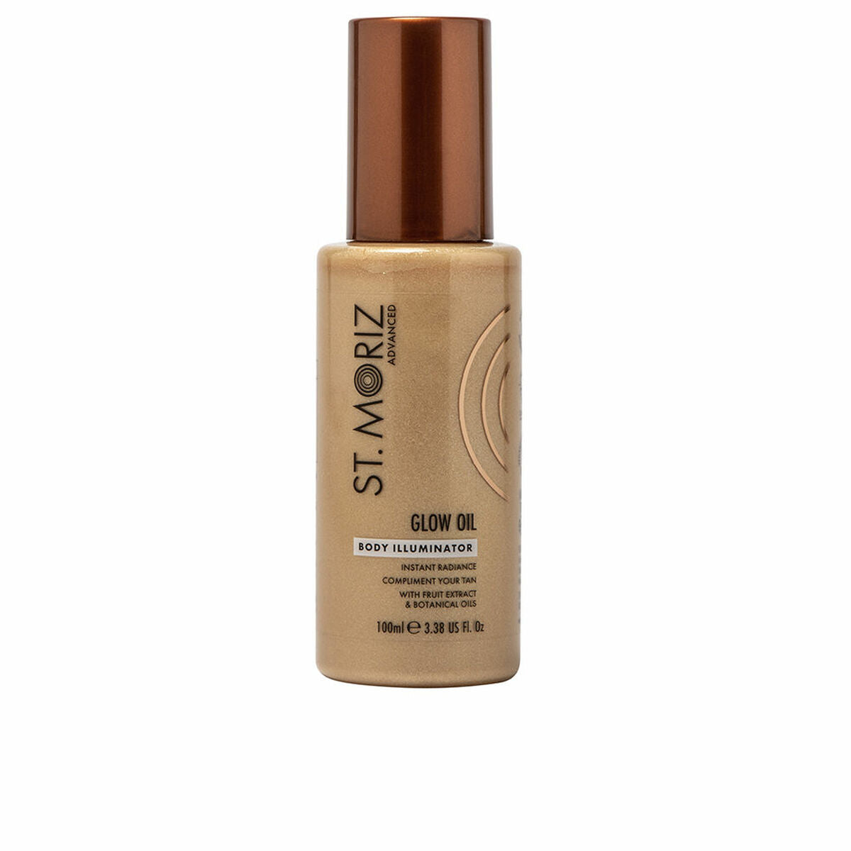 St. Moriz GLOW 100 ml body illuminator oil in a sleek golden bottle for a radiant and glowing skin.