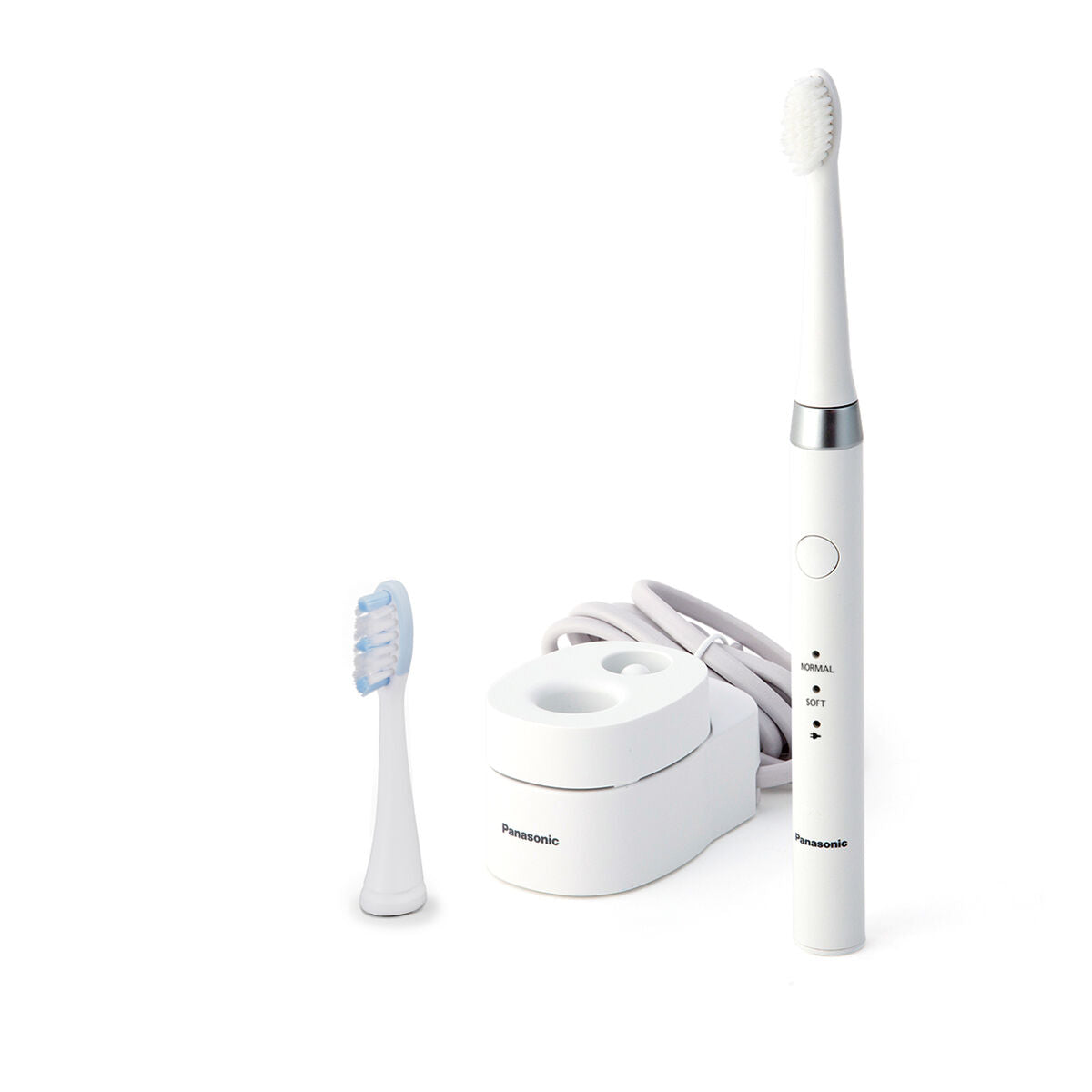 Brosse à dents électrique Panasonic WEW0974W503 avec tête de rechange, base et modes de nettoyage en blanc.
