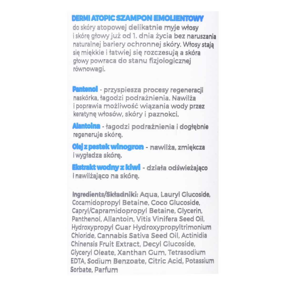 Dermi Atopic Emollient Shampoo label with ingredients and benefits for dry, sensitive skin, 200 ml.