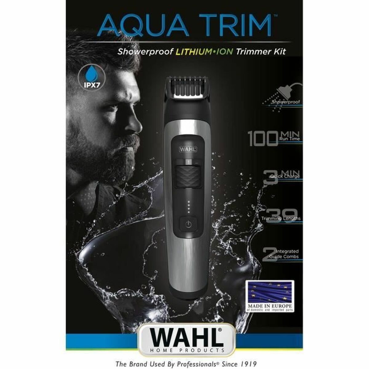 Wahl Aqua Trim lithium-ion trimmer kit, showerproof, 100 min runtime, IPX7, designed for personal grooming.