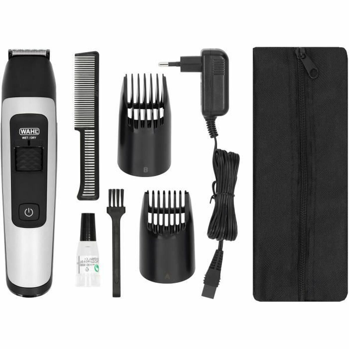Wahl 1065-0460 hair clipper with accessories including comb, charging cable, and zippered pouch.