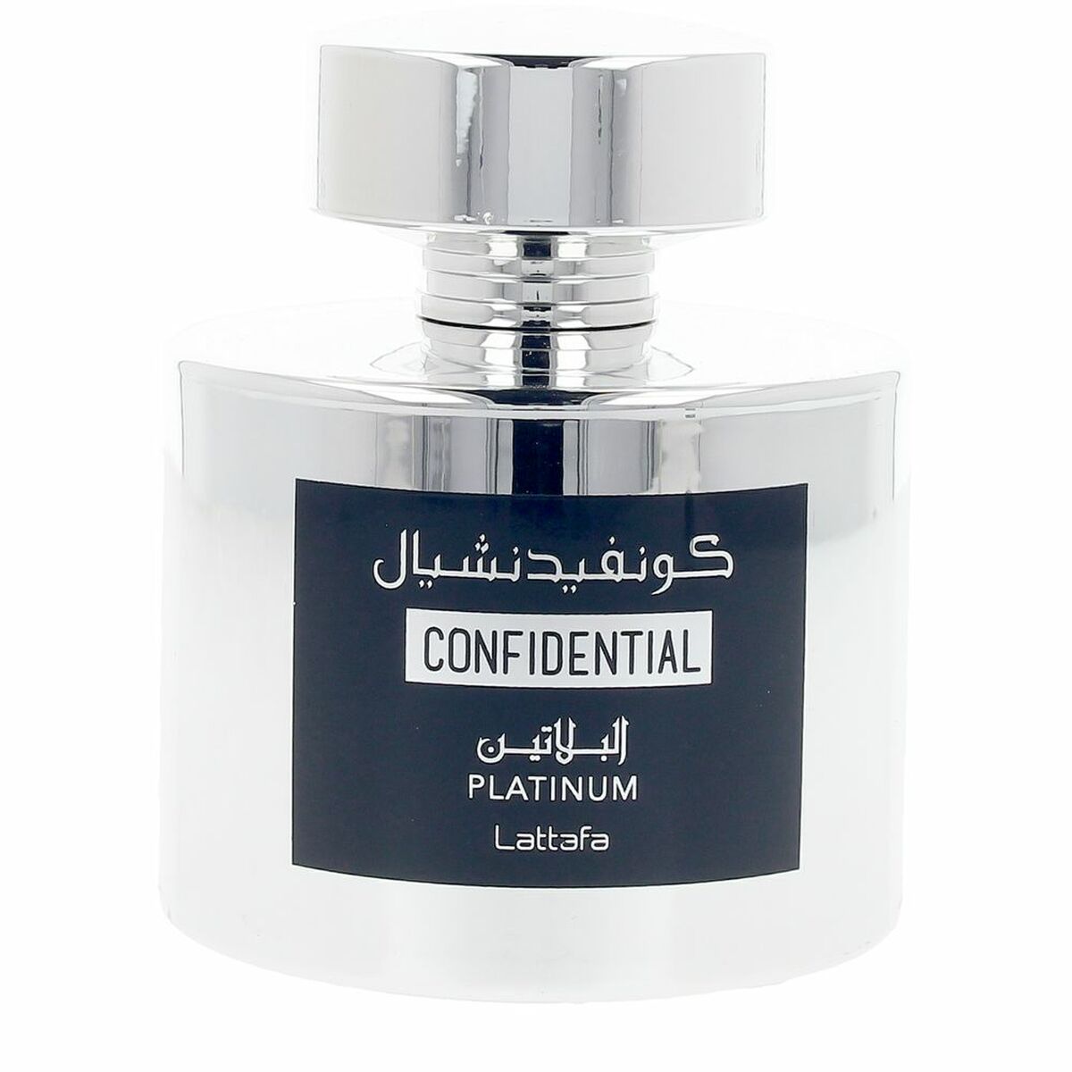 Parfum Homme Lattafa CONFIDENTIAL PLATINUM, élégant flacon en verre argenté, parfum masculin 100% authentique.