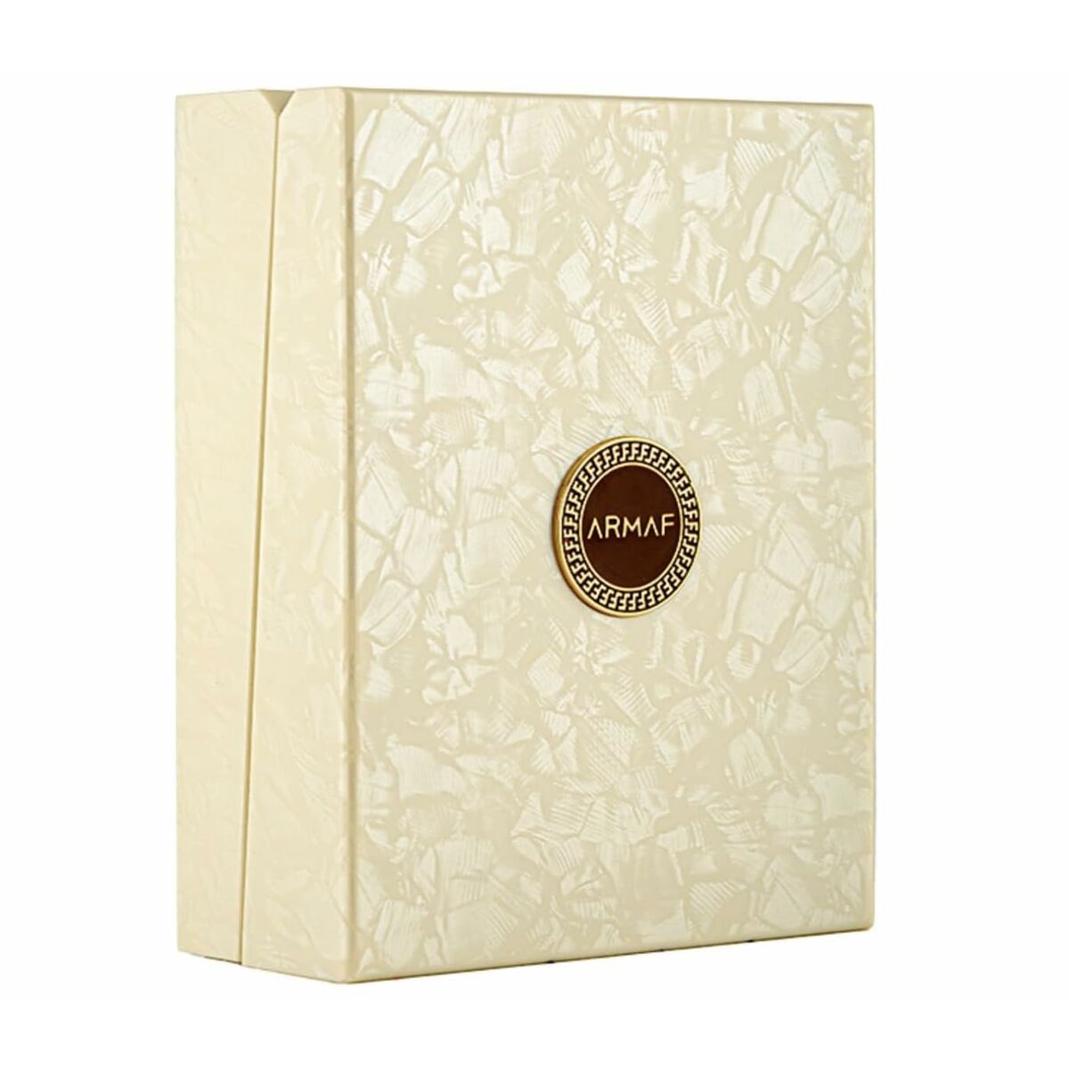 Élégante boîte de parfum Armaf Club de Nuit Oud, design chic en crème avec logo distinctif.