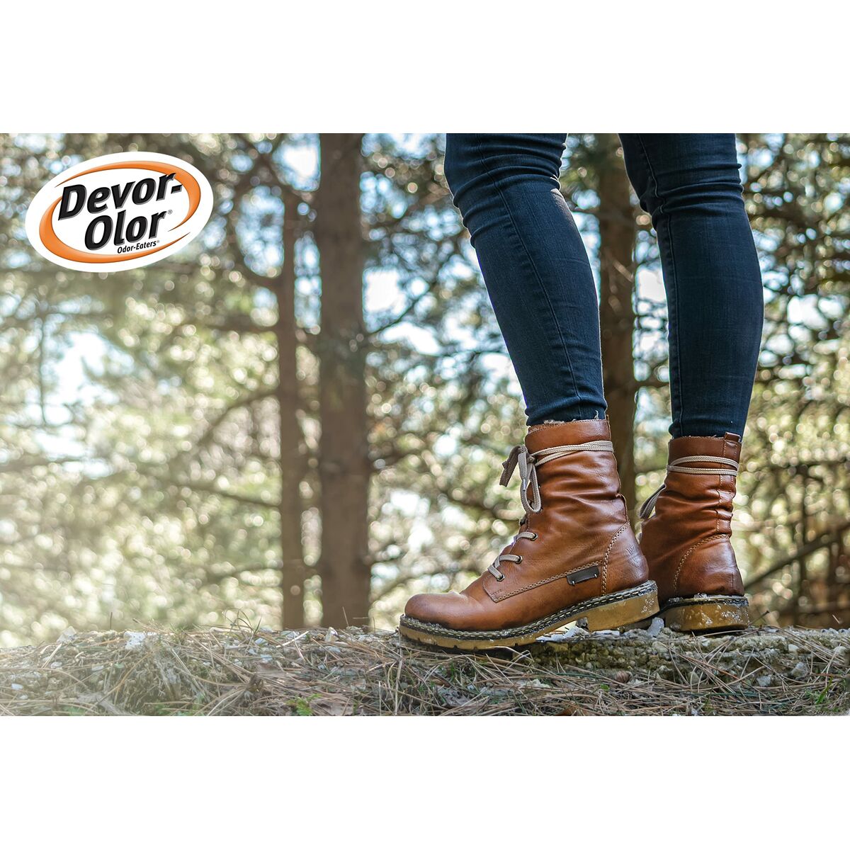 Person wearing Devor-Olor stylish brown boots in a forest setting, showcasing comfort and outdoor style.
