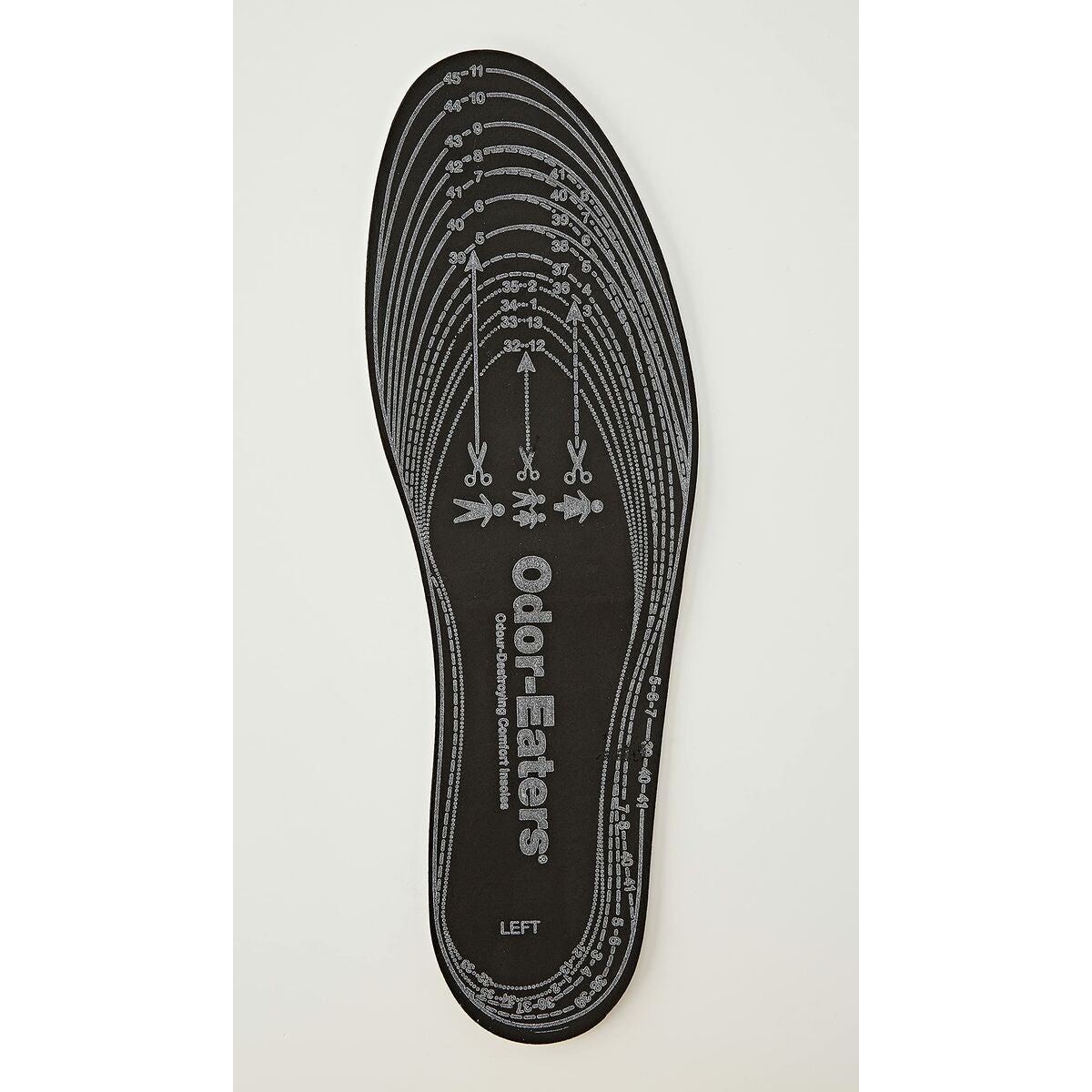 Odor-Eaters left foot insole with size guide and cutting lines for customization.