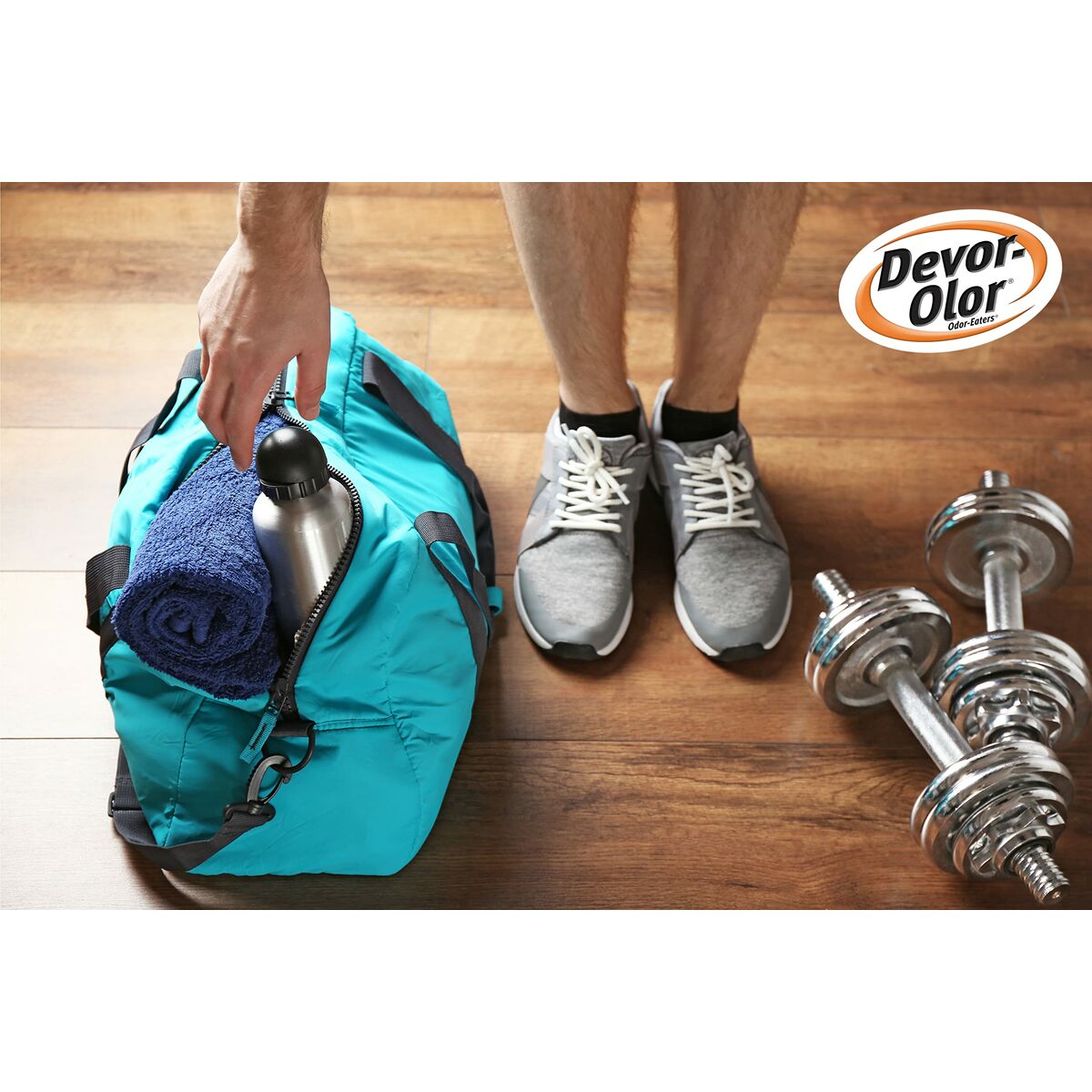 Person with a teal gym bag, water bottle, towel, and dumbbells, showcasing Devor-olor products.