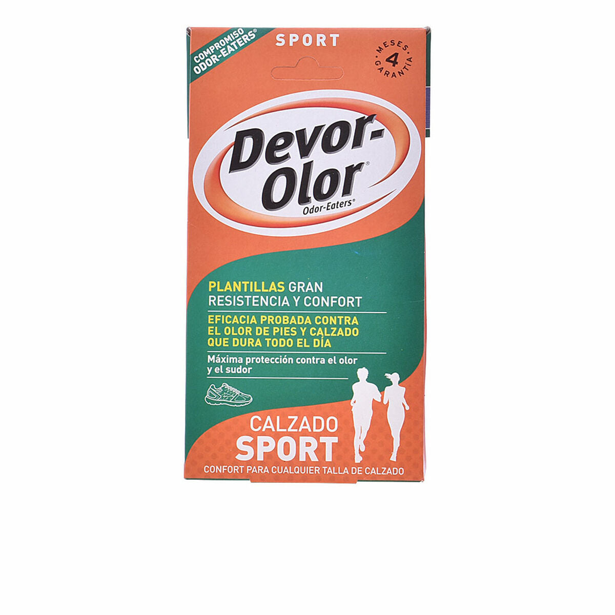 Devor-Olor Sport odor-eating insoles packaging, designed for foot odor protection and all-day comfort.