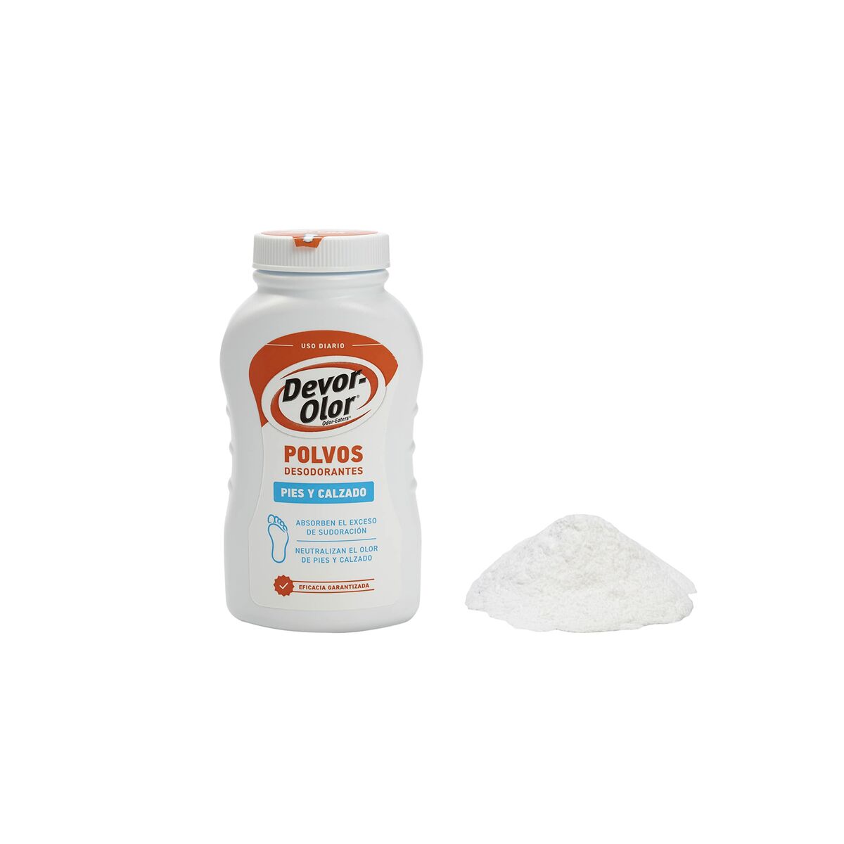 Déodorant en poudre Devor-Olor pour pieds et chaussures, 200 g, en pot blanc avec une petite pile de poudre à côté.