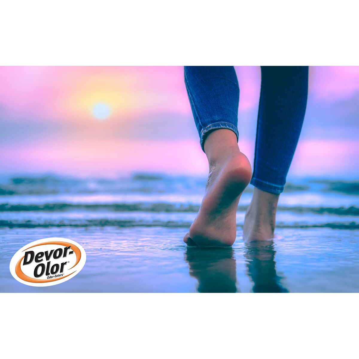 Person walking barefoot on the beach at sunset, promoting Devor-Olor foot deodorant spray.