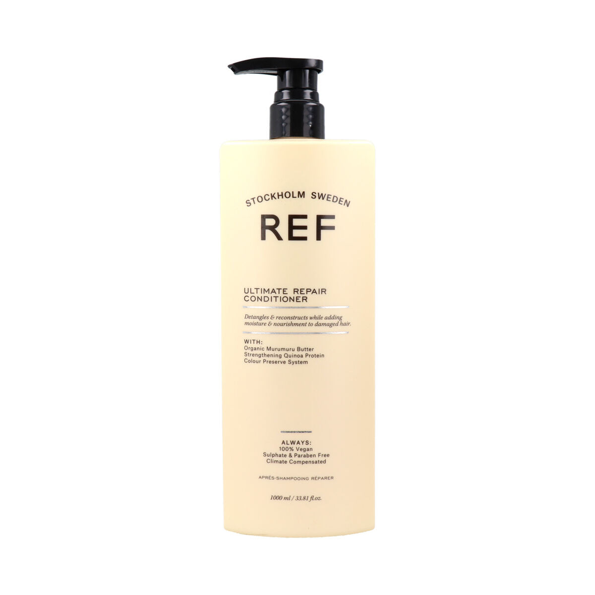 Après-shampooing REF ULTIMATE REPAIR 1L, vegan et sans sulfate, pour une coiffure douce et revitalisée.