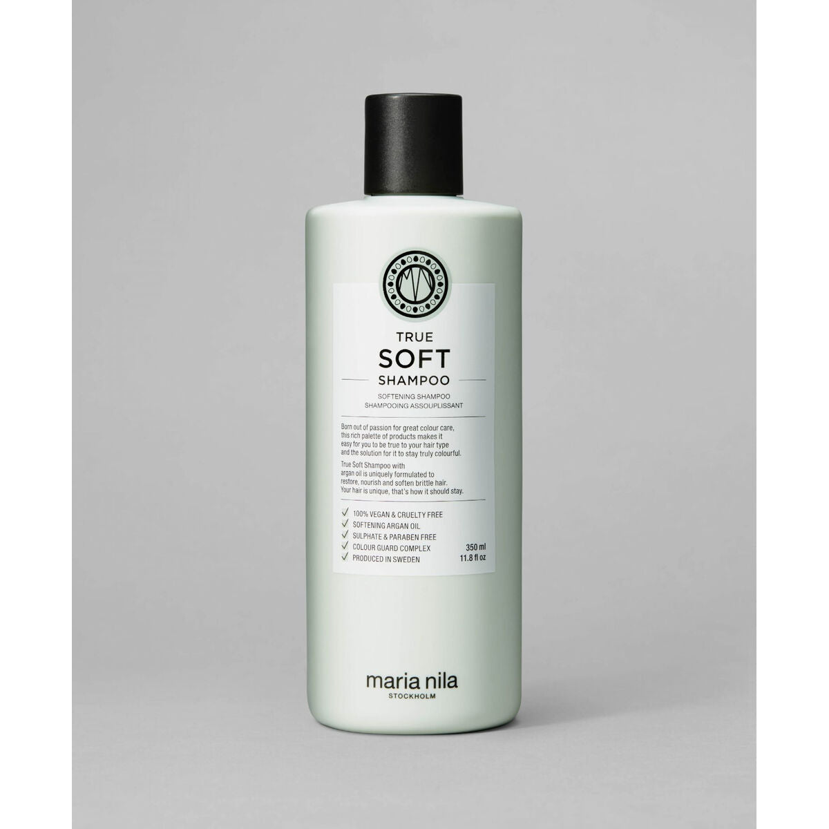 Maria Nila TRUE SOFT Shampoo 350 ml bottle for dry hair, vegan and cruelty-free hair care product.