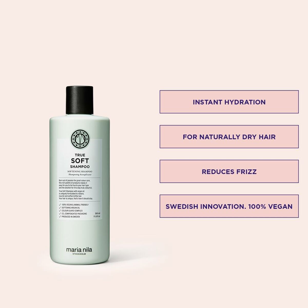 Shampoo Maria Nila TRUE SOFT 350 ml for dry hair, vegan formula, reduces frizz, offers instant hydration.