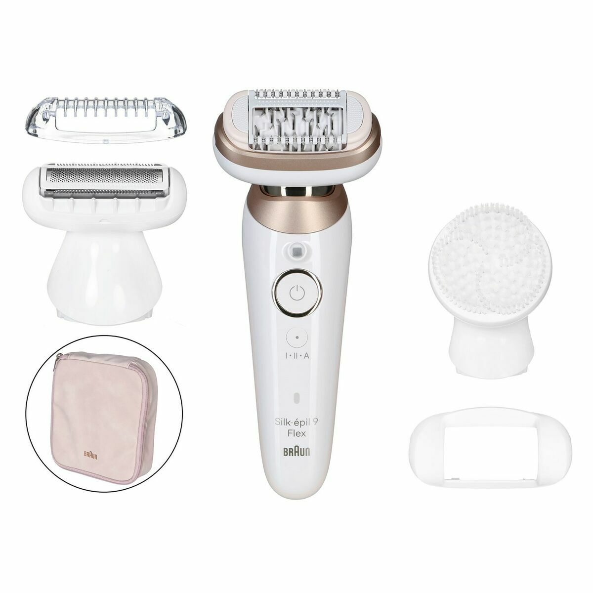Épilateur électrique Braun Silk-epil 9 Flex avec accessoires et rangement, blanc et rose, résistant à l'eau, rechargeable.