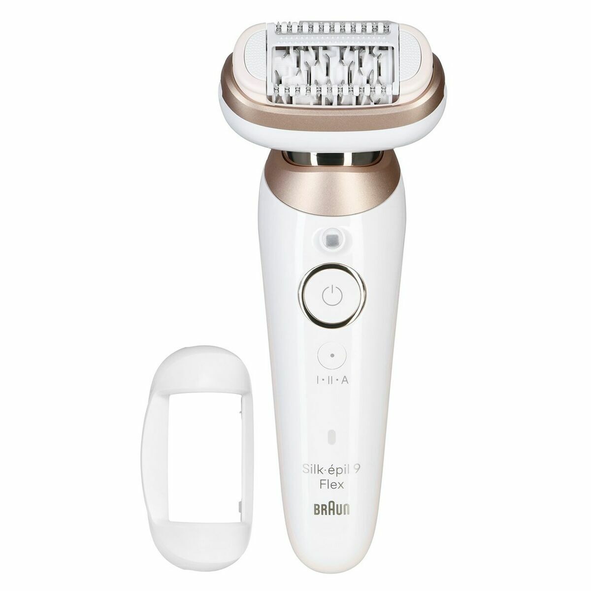Épilateur électrique Braun Silk-épil 9 Flex en blanc et or, résistant à l'eau, rechargeable, idéal pour le soin du corps.