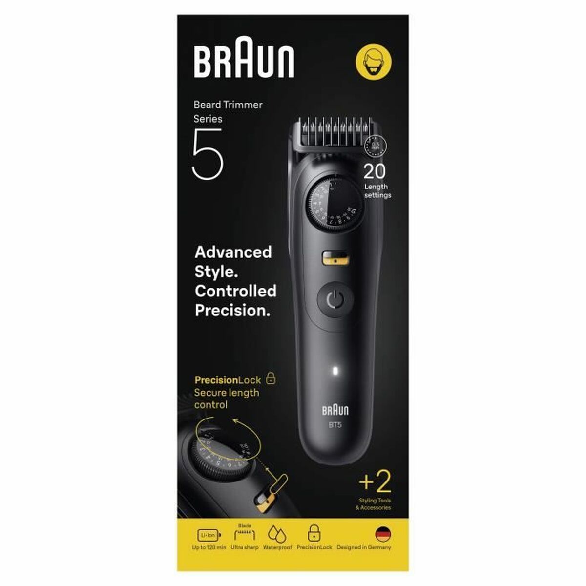Braun Beard Trimmer Series 5 packaging showcasing advanced style and precision features with 20 length settings.