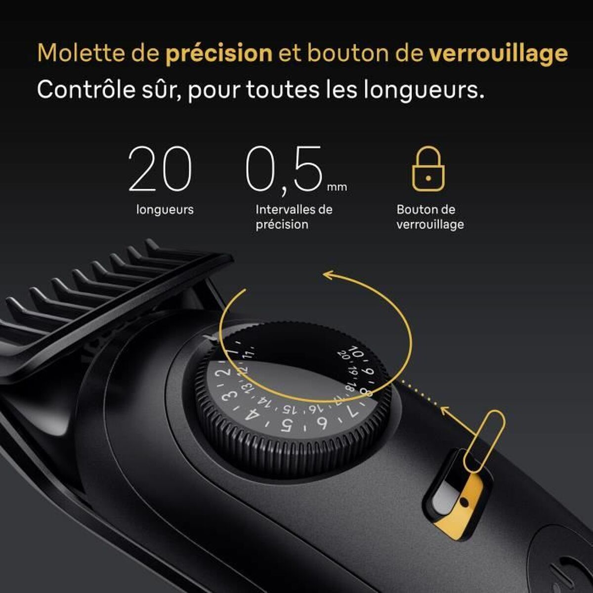 Tondeuse Braun BT5500 S5: molette de précision et bouton de verrouillage pour un rasage confortable et ajustable.