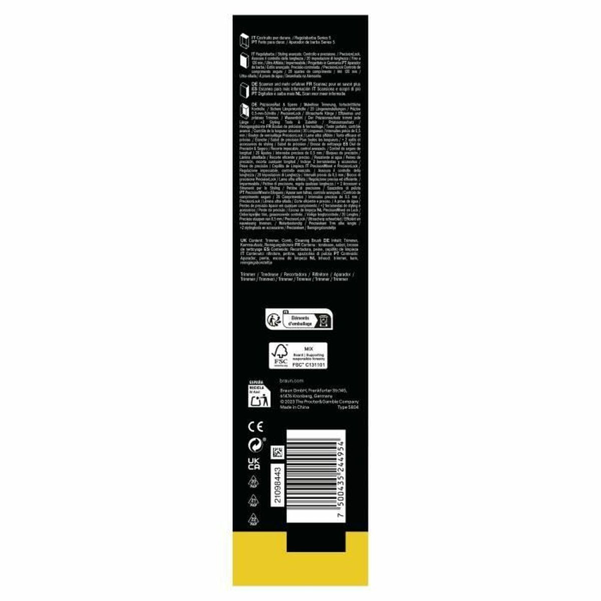 Back packaging of Tondeuse Braun BT5500 S5 showing product details and specifications.