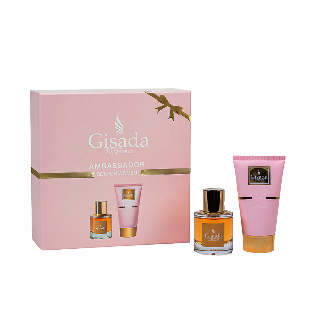 Gisada AMBASSADOR perfume set for women with bottle and cream in elegant pink packaging.