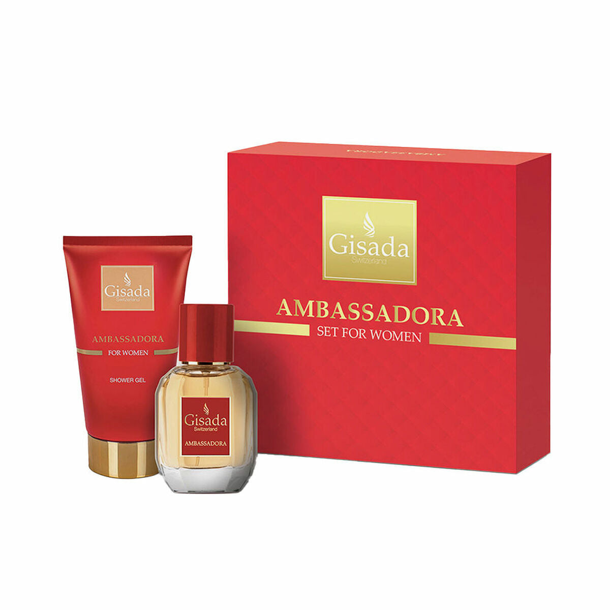 Set de Parfum Femme Gisada AMBASSADORA, comprenant un parfum et un gel pour le corps, élégant emballage rouge.