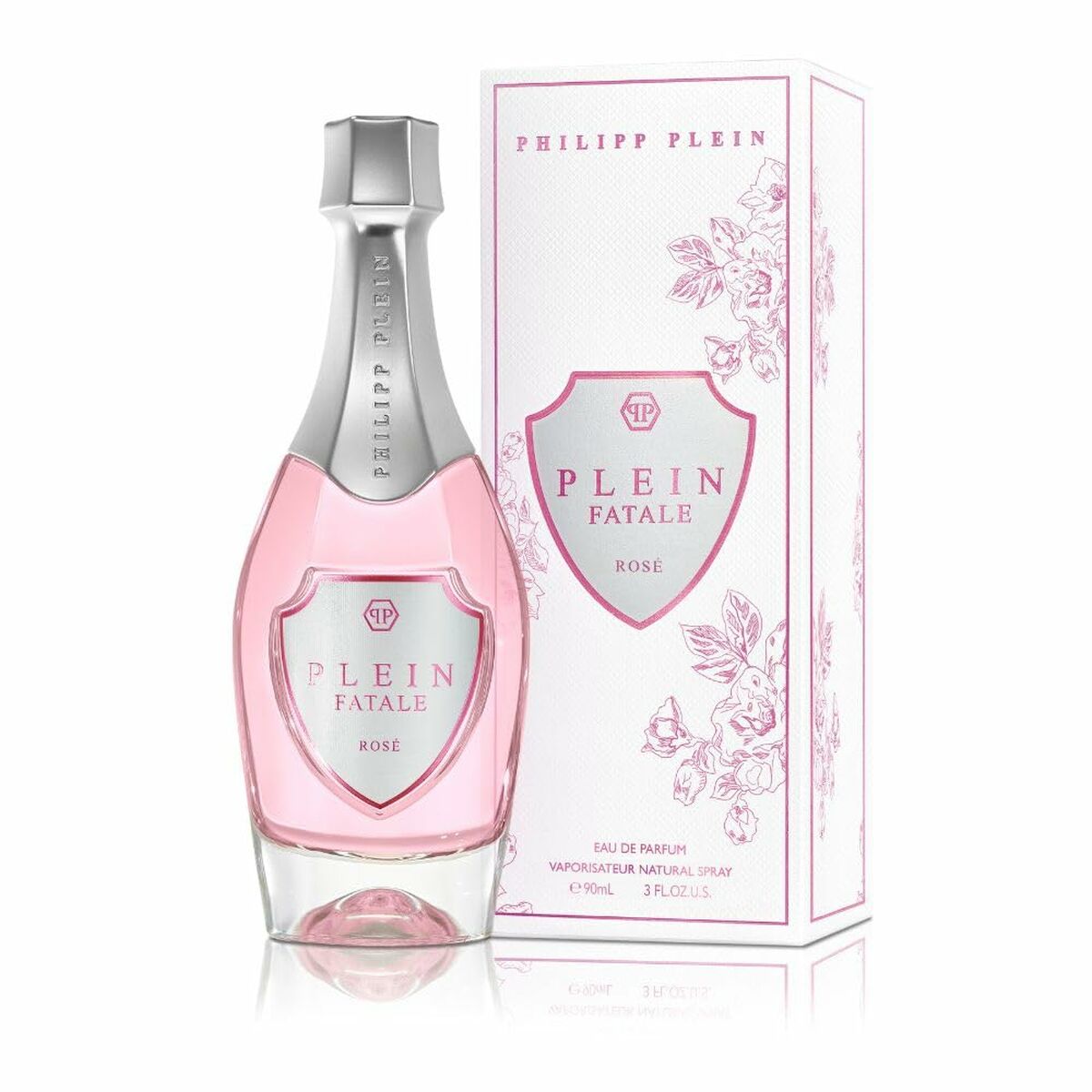 Flacon de parfum Plein Fatale Rosé de Philipp Plein, 90 ml, avec emballage floral élégant.