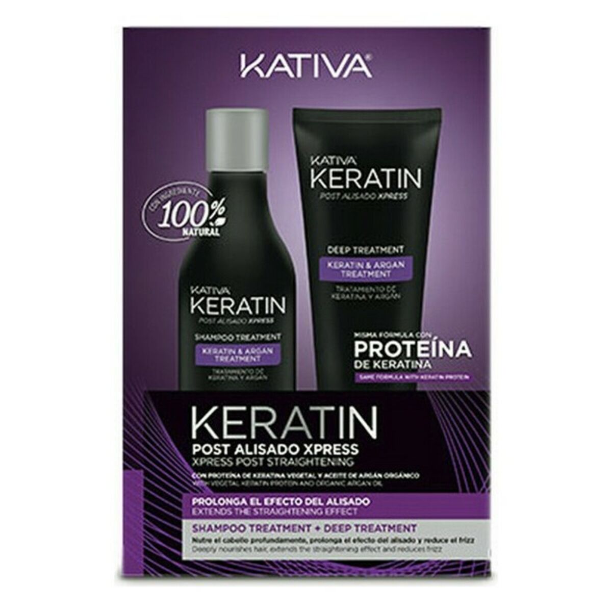 Kativa Keratin Brazilian smoothing set, 100% natural, includes shampoo and deep treatment, perfect for straightening hair.