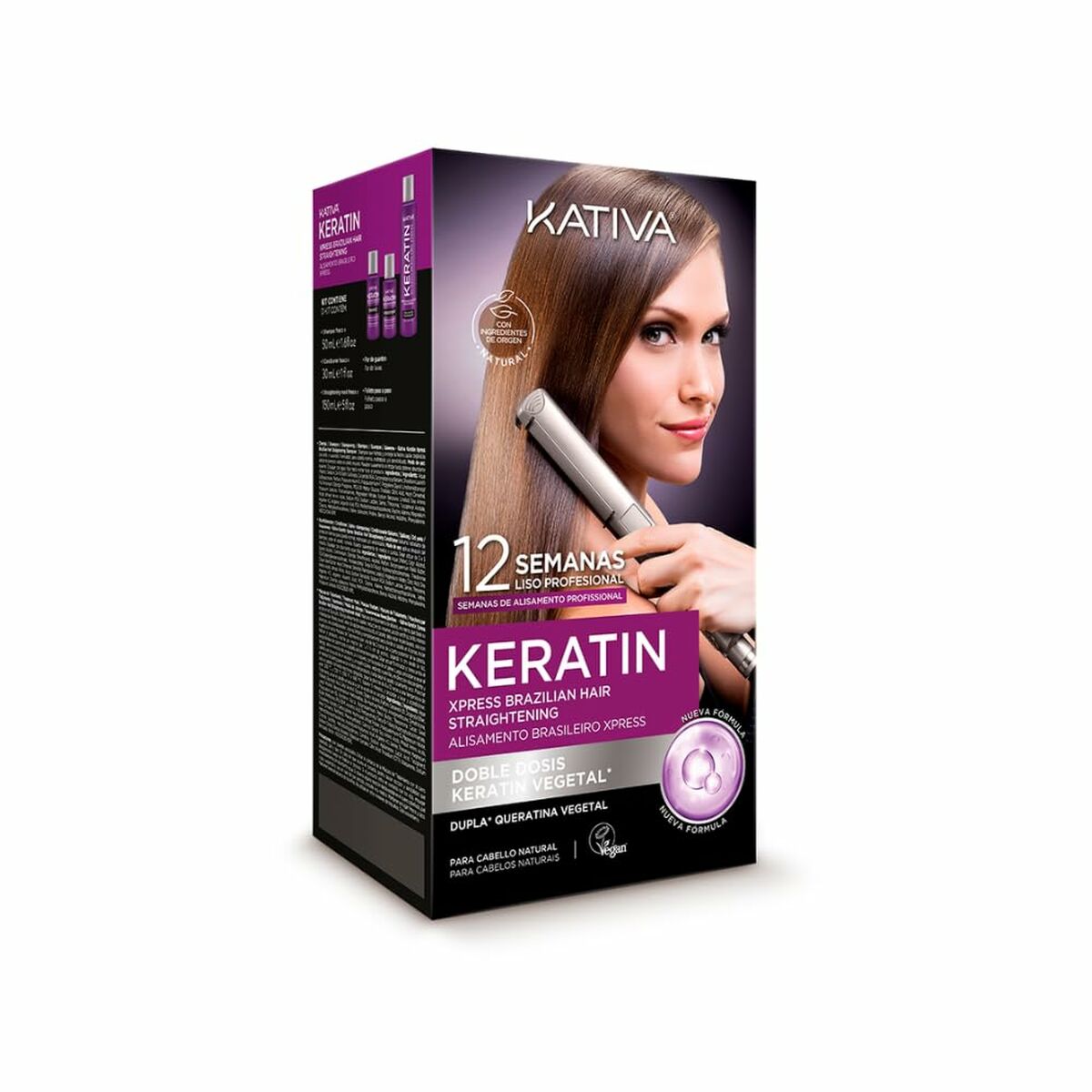 Kativa Keratin Xpress Brazilian hair straightening treatment box, featuring model styling hair.