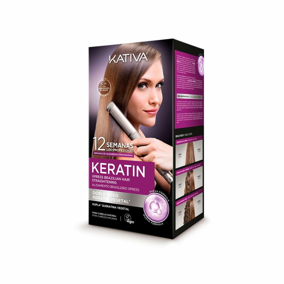 Kativa Keratin Express packaging for vibrant, smooth hair treatment, promising 12 weeks of frizz-free results.