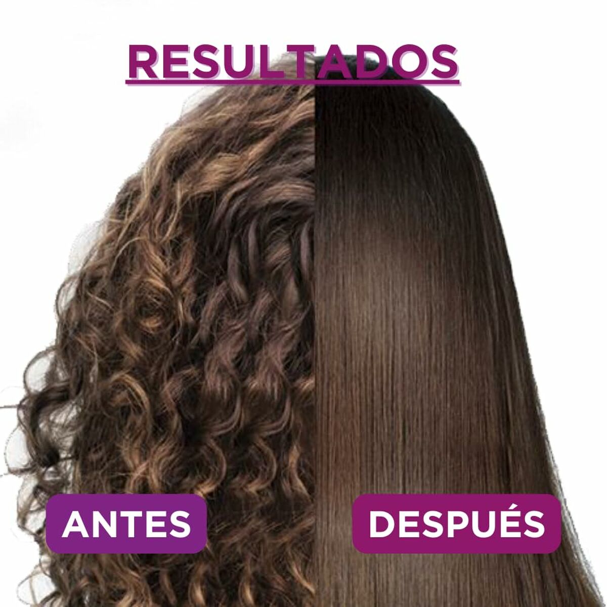 Comparaison avant-après des résultats du shampooing Kativa KERATIN EXPRES, montrant cheveux frisés et lisses.