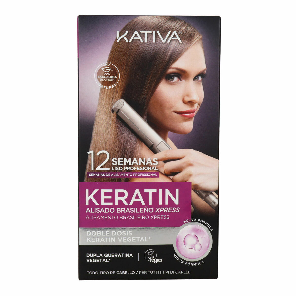 Kativa Keratin Xpress hair treatment for professional smoothing, effective for all hair types, vegan formula.
