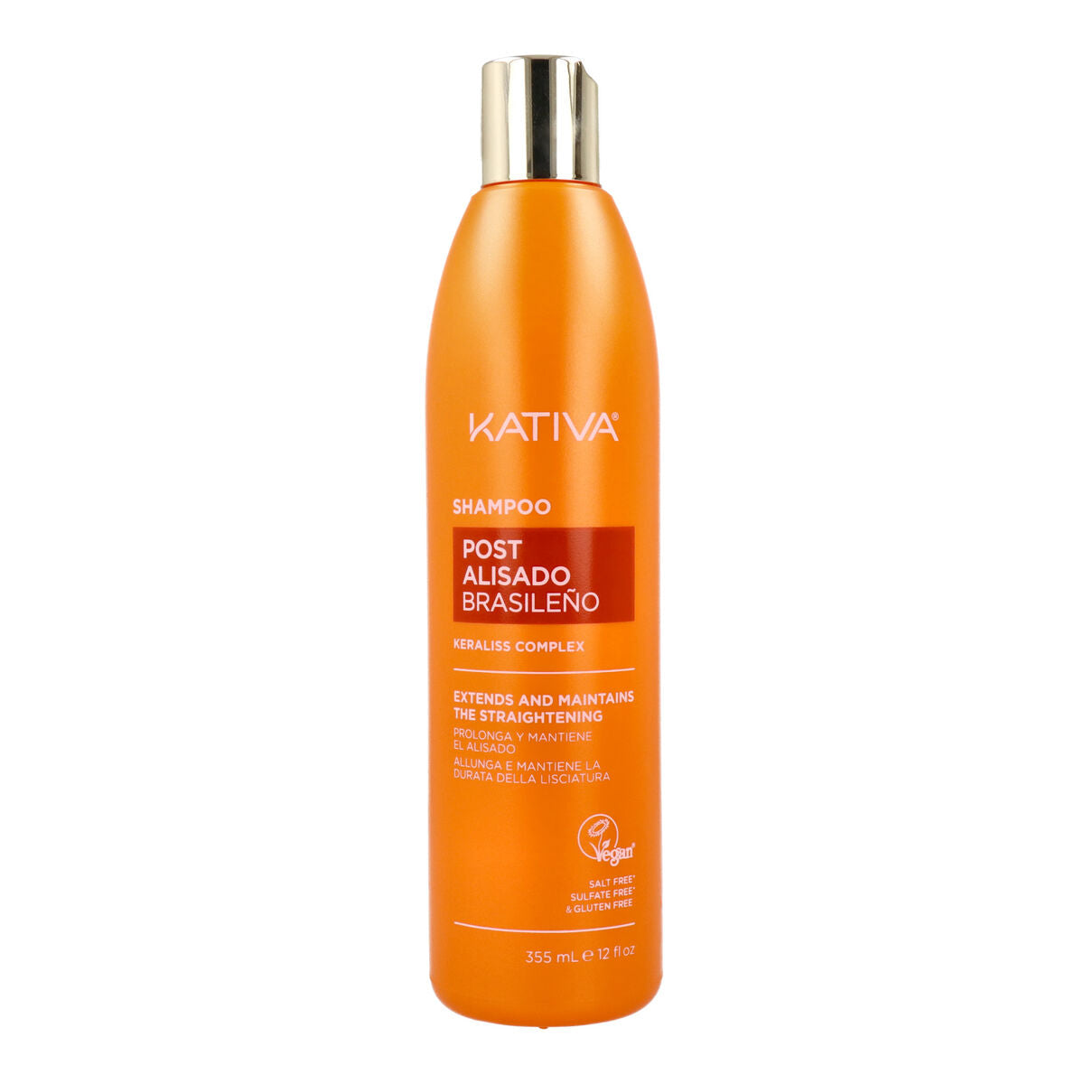 Kativa Post Alisado Brasileño Shampoo 355 ml with Keraliss Complex for straightened hair maintenance.