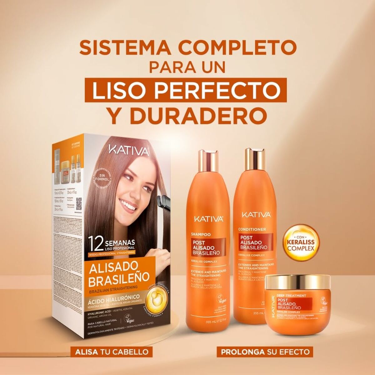Kativa Brazilian smoothing system for a perfect and long-lasting smooth finish, featuring shampoo and conditioner.
