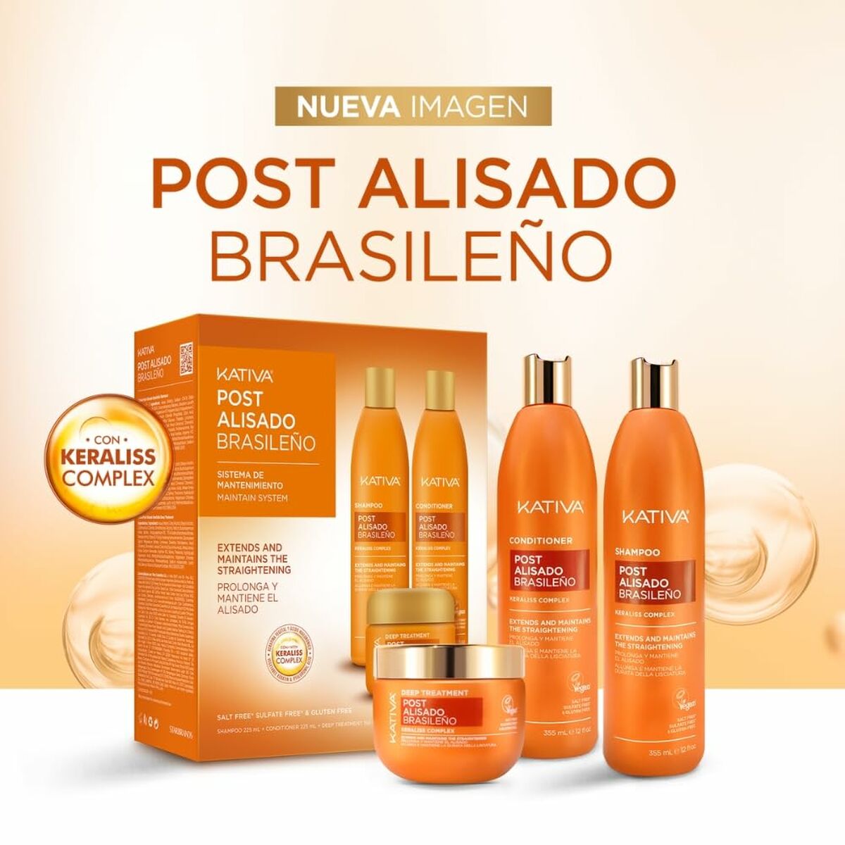 Kativa Post Alisado Brasileño set with shampoo, conditioner, and mask, featuring Keraliss Complex for hair smoothing.