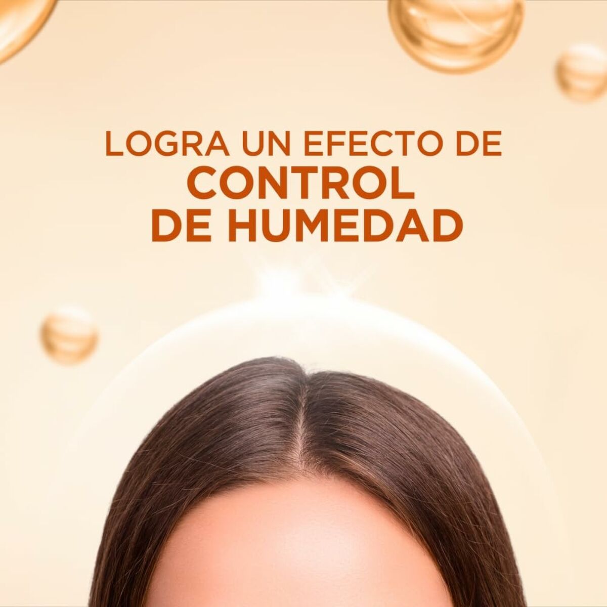 Image showcasing hair product benefits with text promoting humidity control effect for shiny, smooth hair.
