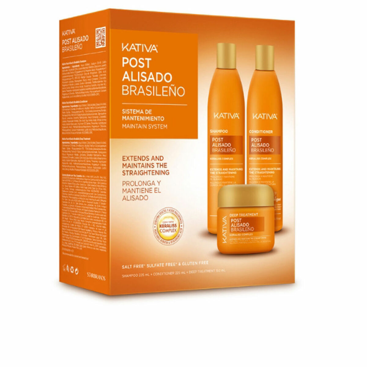 Kativa Post Alisado Brasileño, Sistema de Mantenimiento, incluye champú y acondicionador. Libre de sal y sulfatos.
