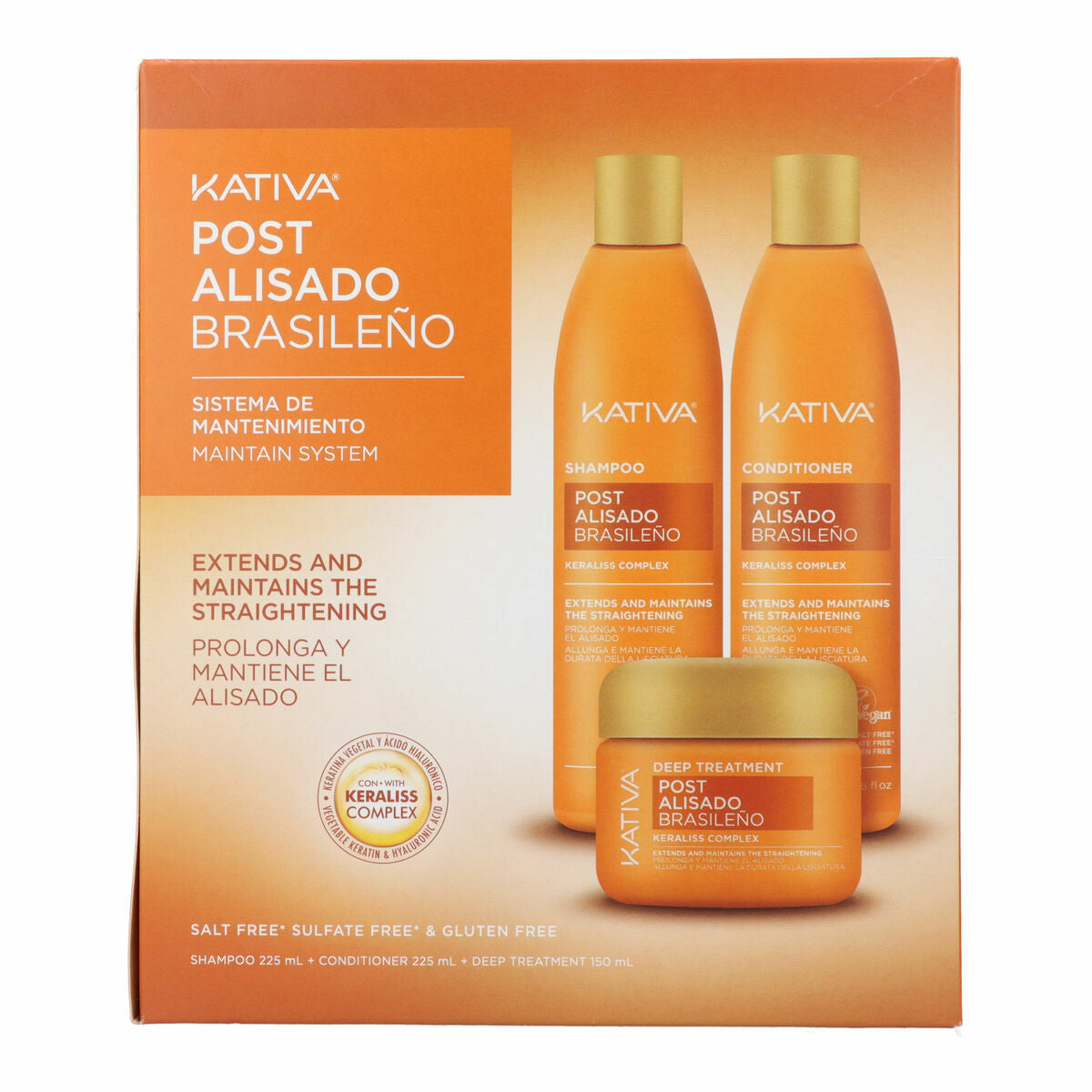 Kativa Post Alisado Brasileño kit: shampoo, conditioner, deep treatment - 225 ml each, maintenance system for straightened hair.