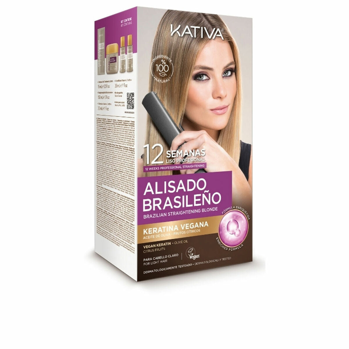 Kativa Alisado Brasileño hair treatment packaging, featuring vegan keratin for sleek blonde hair.