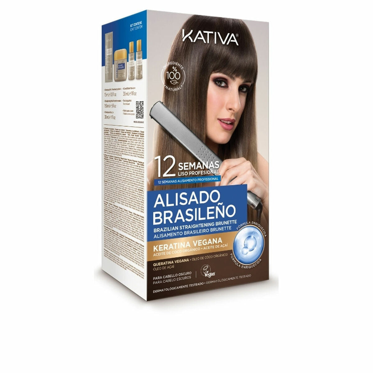 Kativa Professional Brazilian Straightening Treatment box for 12 weeks use, featuring vegan keratin and a brunette model.