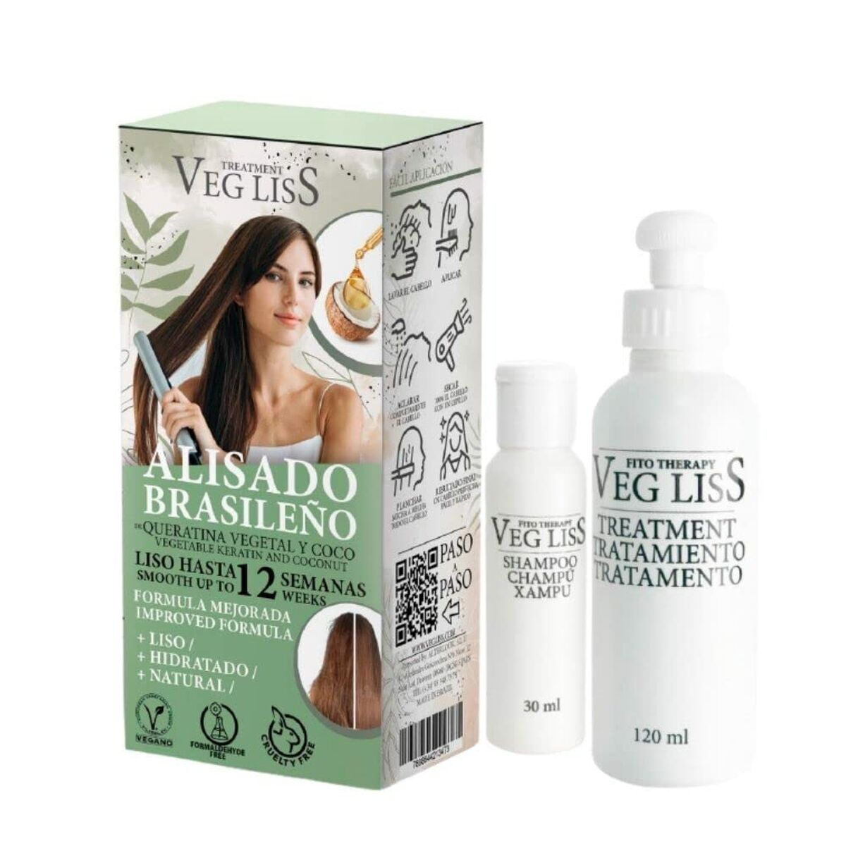 Ensemble de coiffure lissage Brésilien VegLiss avec shampooing et traitement capillaire pour des cheveux lisses et hydratés.